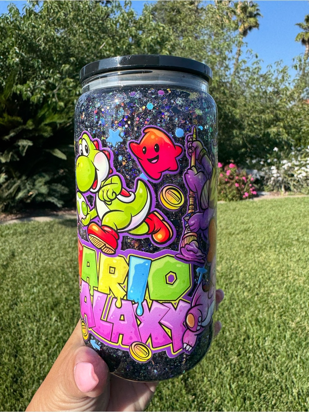 Mario Galaxy snow globe glass Tumbler 16oz